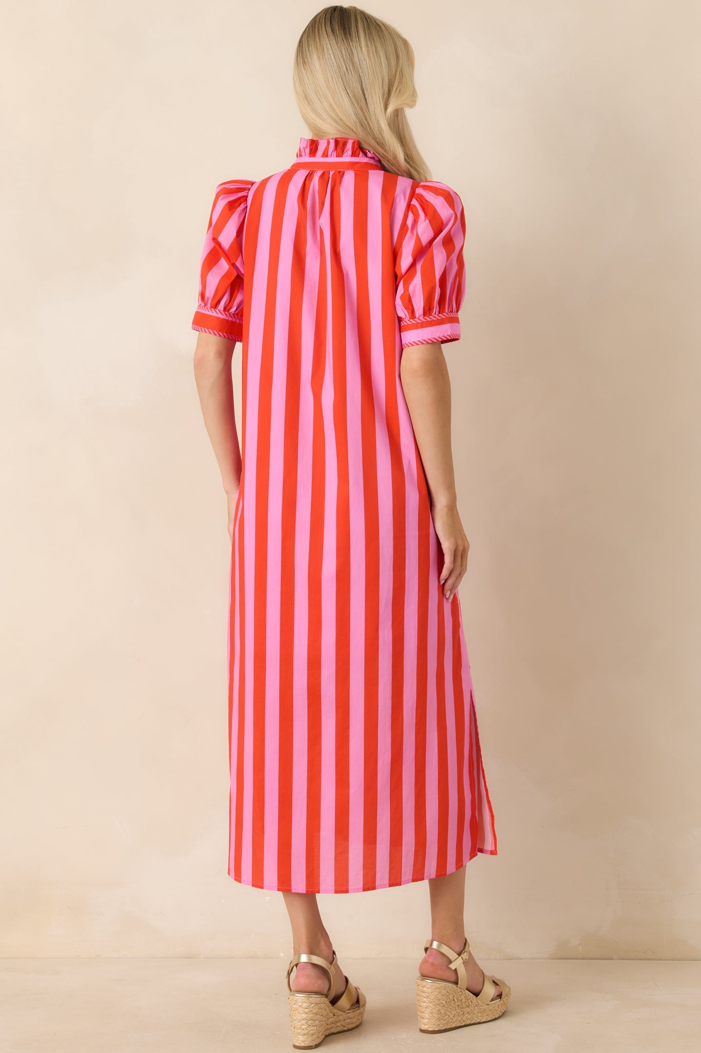 She’s Electric Pink & Red Stripe Cotton Puff Sleeve Midi Dress