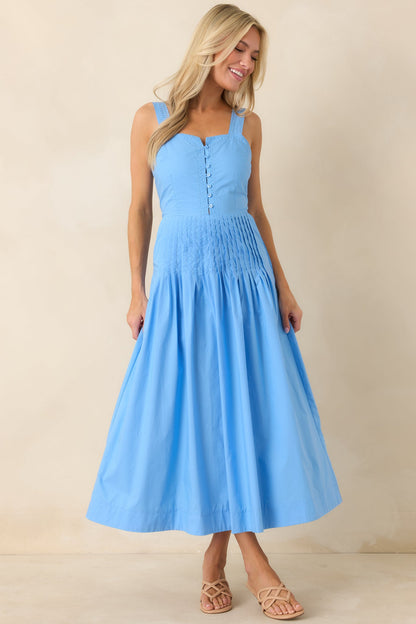 Sunny Stroll Light Blue Cotton Pleated Midi Dress