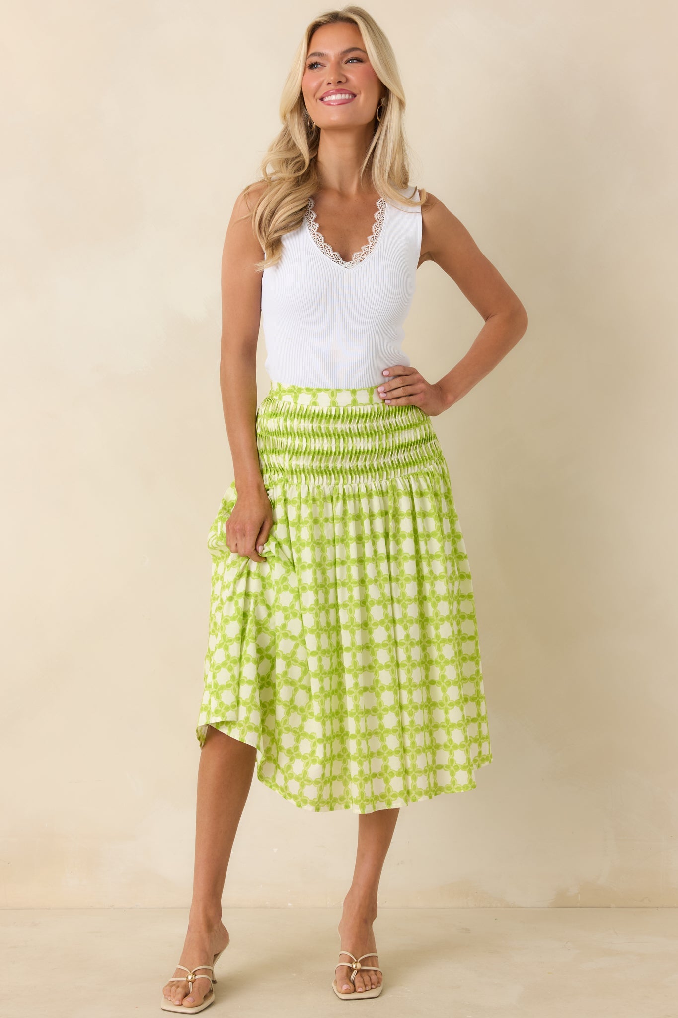 Bright Intentions Chartreuse Printed Cotton Midi Skirt