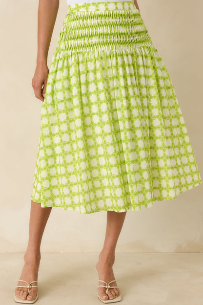 Bright Intentions Chartreuse Printed Cotton Midi Skirt