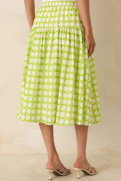 Bright Intentions Chartreuse Printed Cotton Midi Skirt