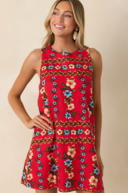 Living for the Moment Red Multi Linen Blend Floral Mini Dress