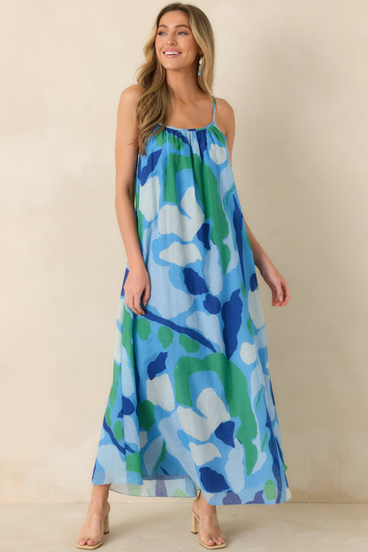 FRNCH Andaman Blue Multi Floral Cotton Silk Sleeveless Maxi Dress