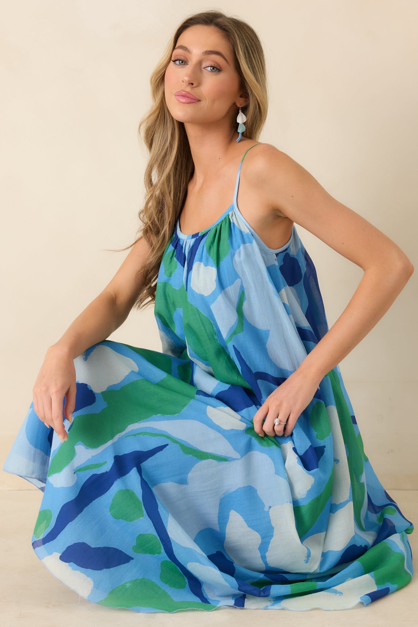 FRNCH Andaman Blue Multi Floral Cotton Silk Sleeveless Maxi Dress