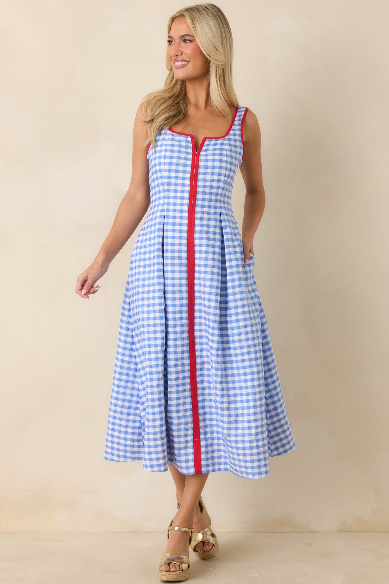 Pack the Film & Sunscreen Blue Gingham Contrast Trim Midi Dress
