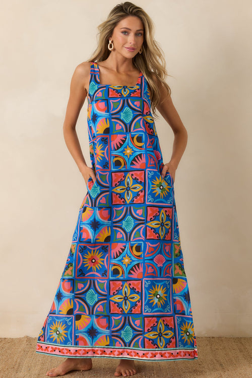 Paradisa Nerissa Blue Mediterranean Tile Print Linen Blend Maxi Dress