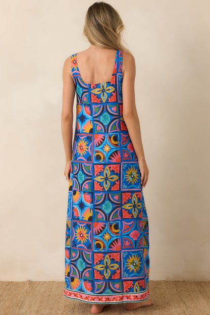 Paradisa Nerissa Blue Mediterranean Tile Print Linen Blend Maxi Dress