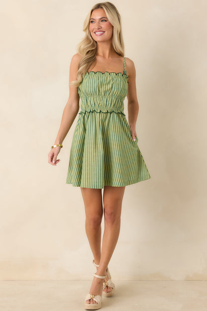 MINKPINK Capri Green Stripe Linen Blend Scallop Mini Dress