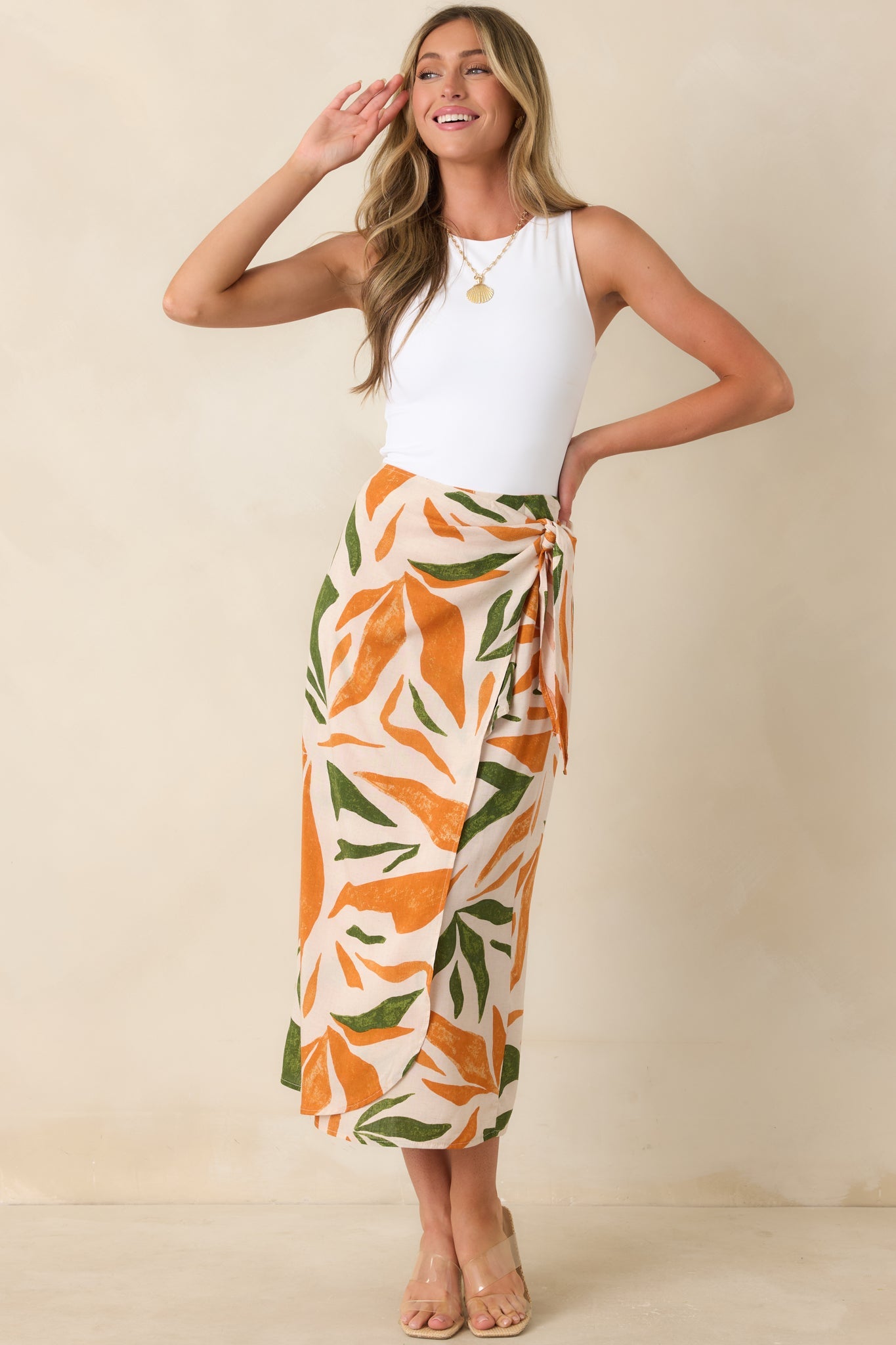 Cabana Chic Beige Tropical Print Midi Wrap Skirt