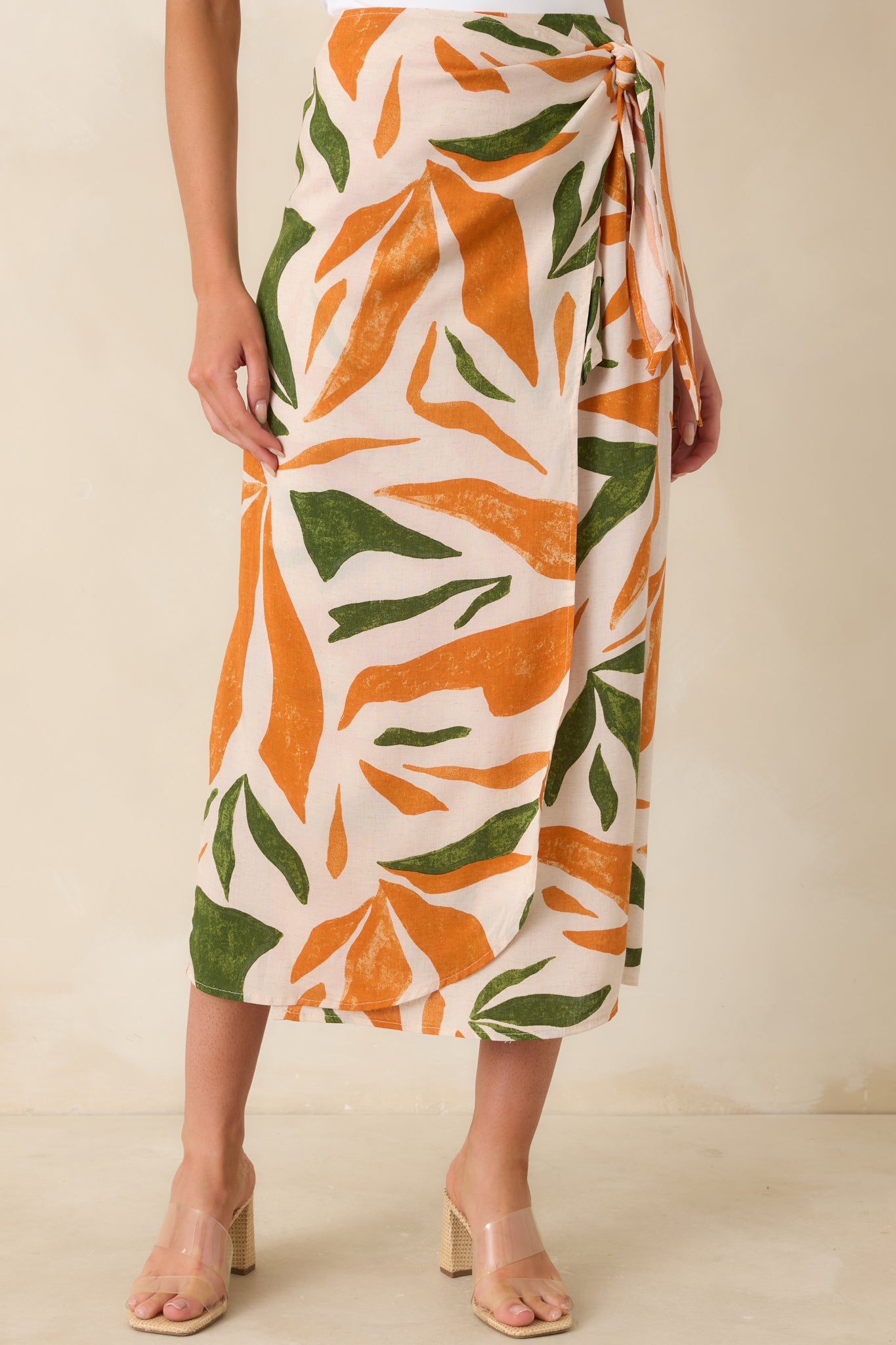 Cabana Chic Beige Tropical Print Midi Wrap Skirt