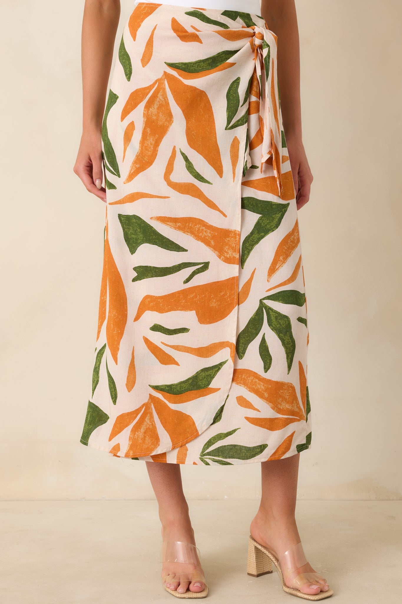 Cabana Chic Beige Tropical Print Midi Wrap Skirt