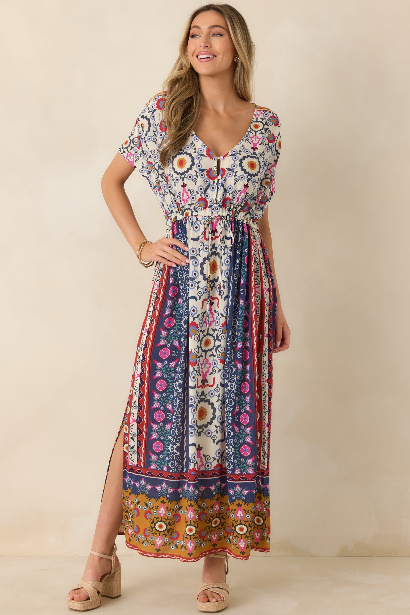 Drawn To The Horizon Navy Multi Print Short Sleeve Maxi Dress