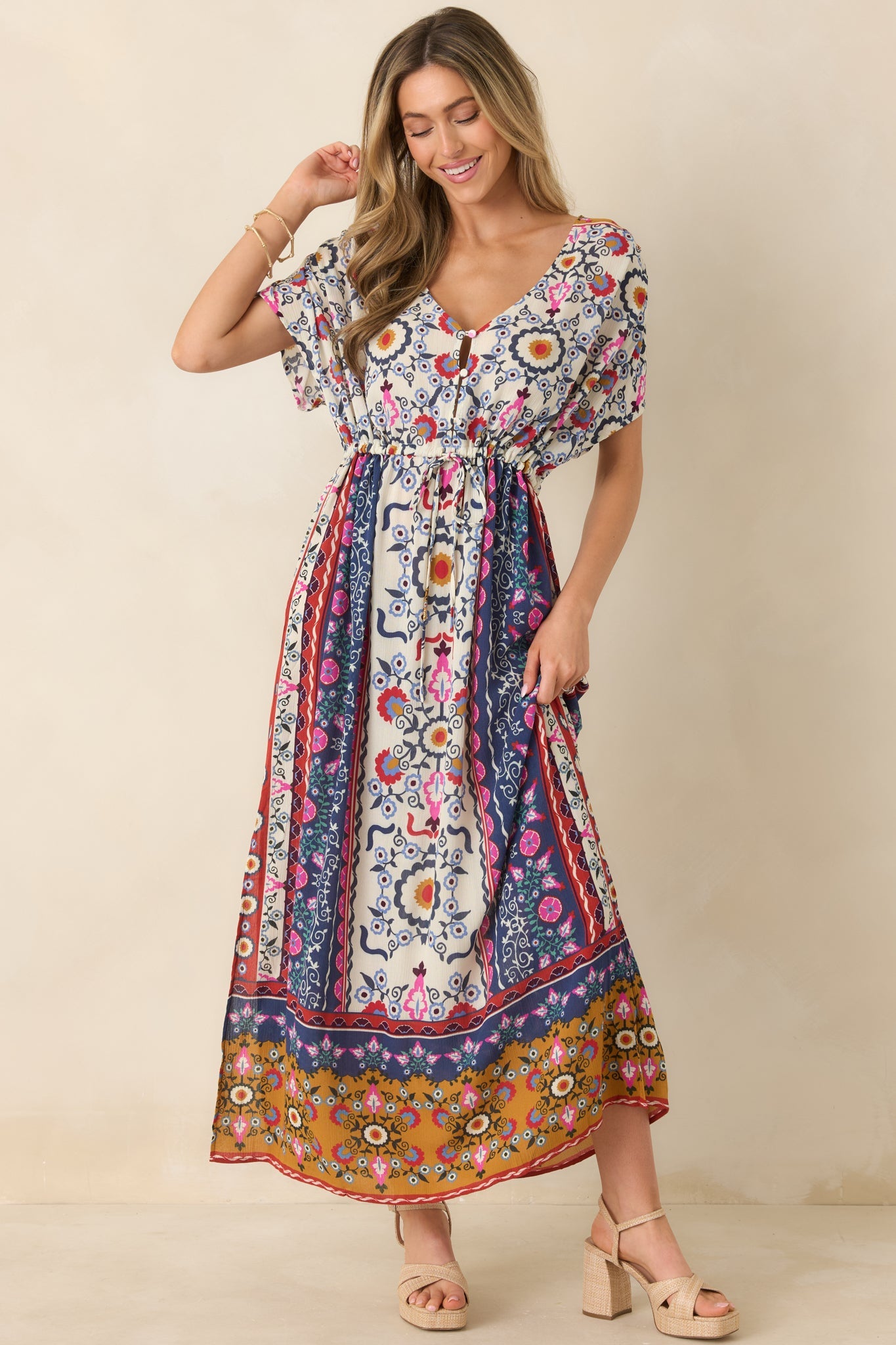 Drawn To The Horizon Navy Multi Print Short Sleeve Maxi Dress
