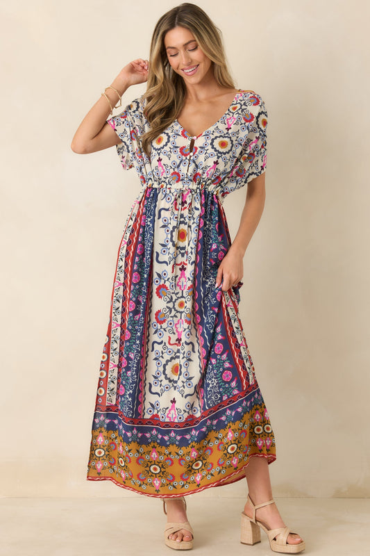 Drawn To The Horizon Navy Multi Print Short Sleeve Maxi Dress