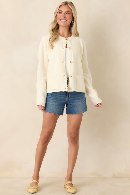 Take Another Chance Ivory Knit Scallop Hem Button Front Cardigan