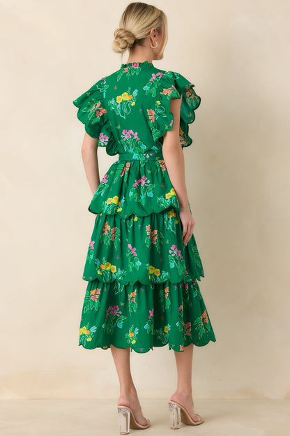 Prosperina Maris Green Multi Floral Cotton Tiered Ruffle Midi Dress