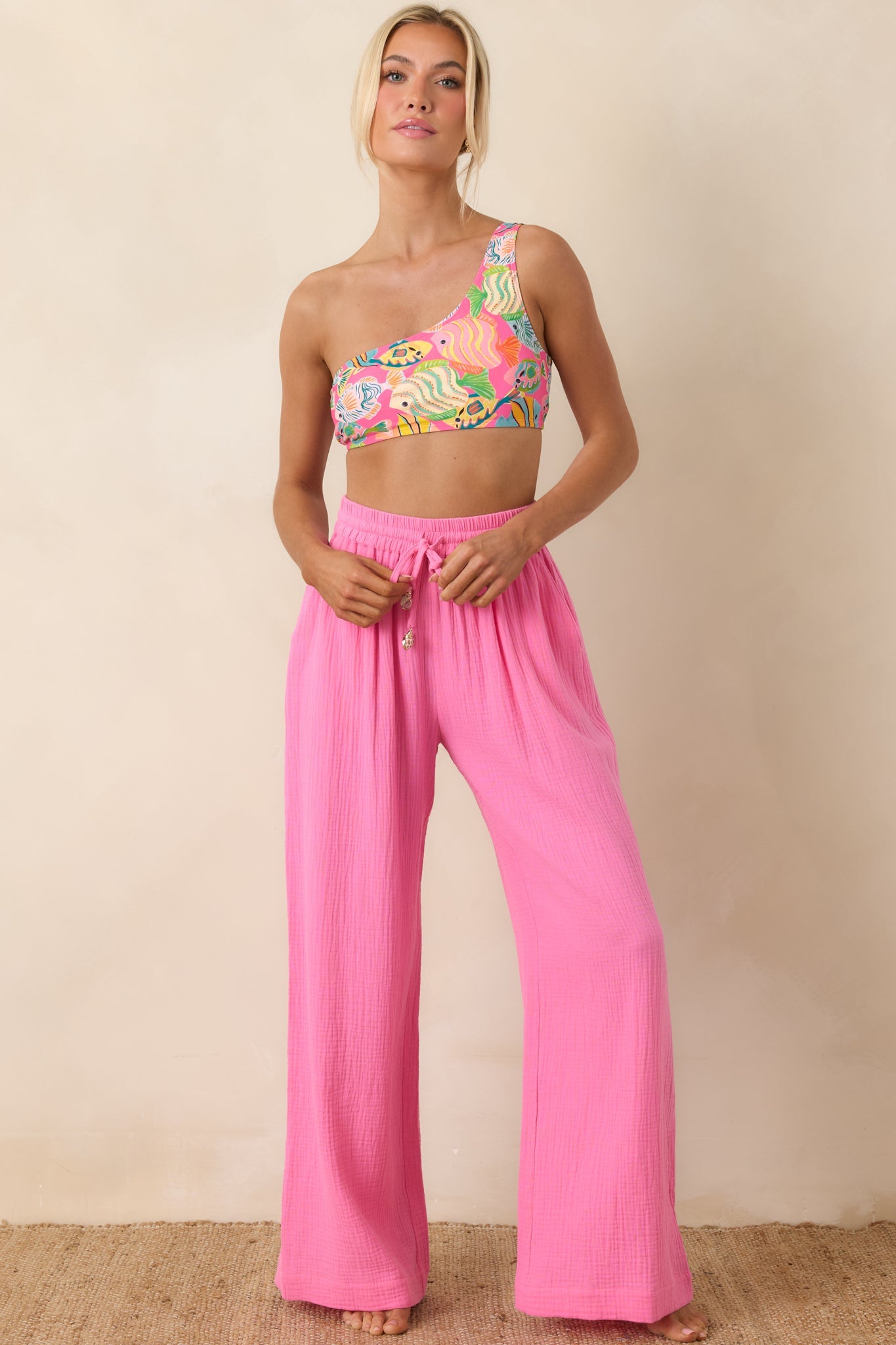 Paradisa Dunedin Pink Cotton Wide Leg Drawstring Pants