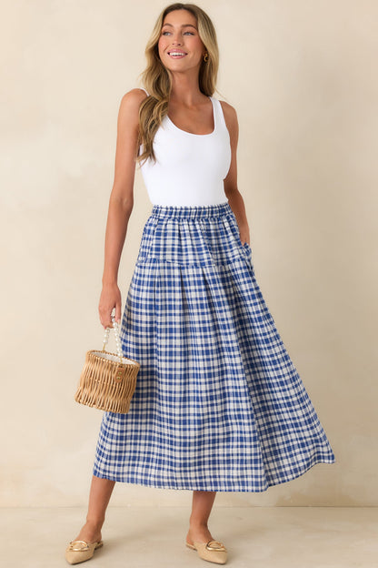 Fresh Air Feelings Blue Gingham Midi Skirt