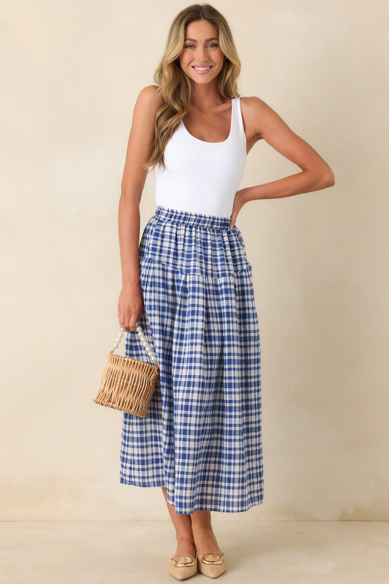 Fresh Air Feelings Blue Gingham Midi Skirt