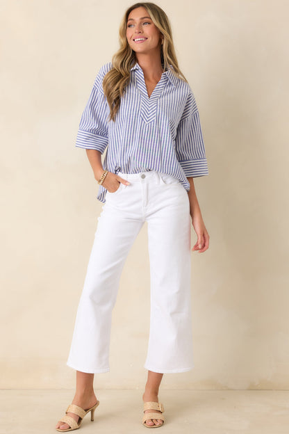 Leading Lines Blue Stripe Collared V-Neck Blouse