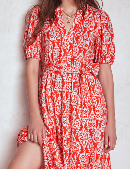 Sofia Trim Jersey Midi Dress-Firecracker Red, Ornate Geo