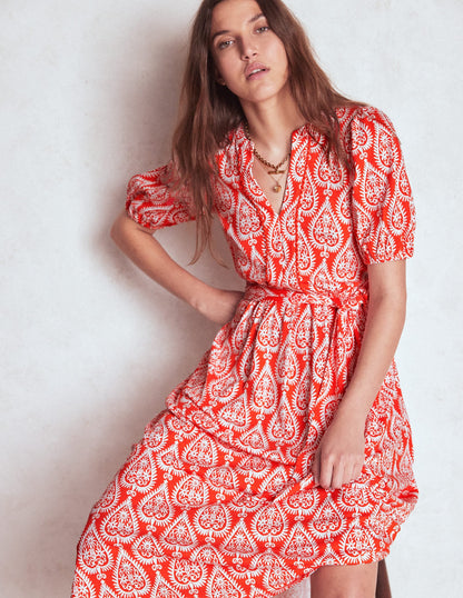 Sofia Trim Jersey Midi Dress-Firecracker Red, Ornate Geo