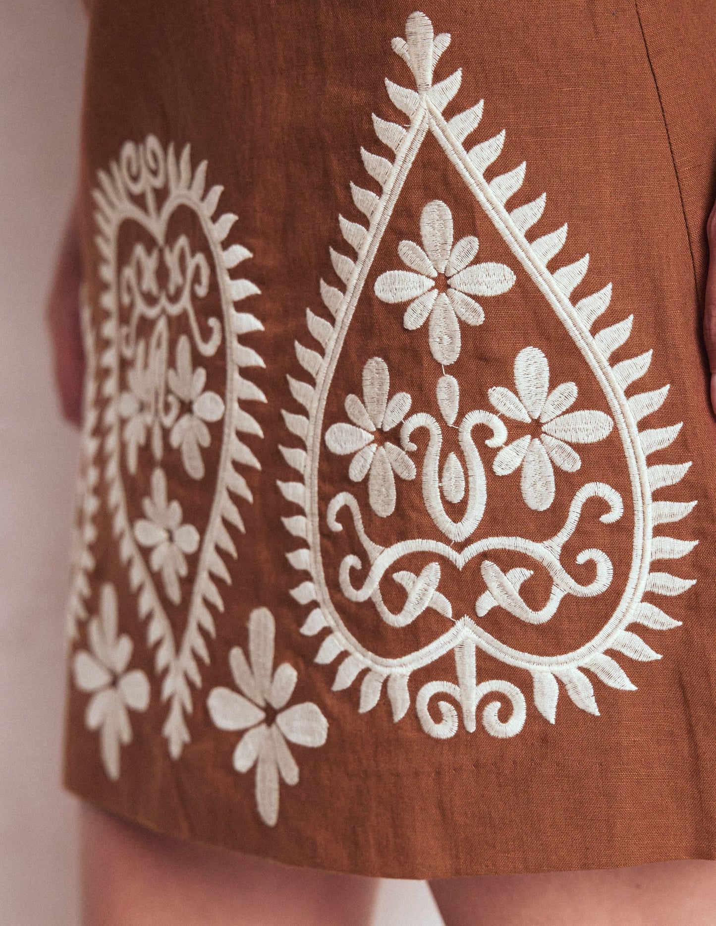 Embroidered Linen Skirt-Russet