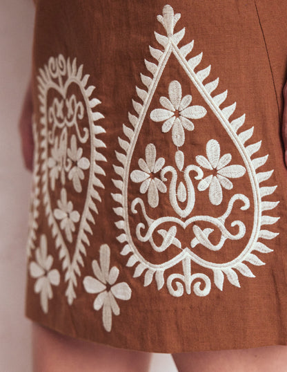 Embroidered Linen Skirt-Russet