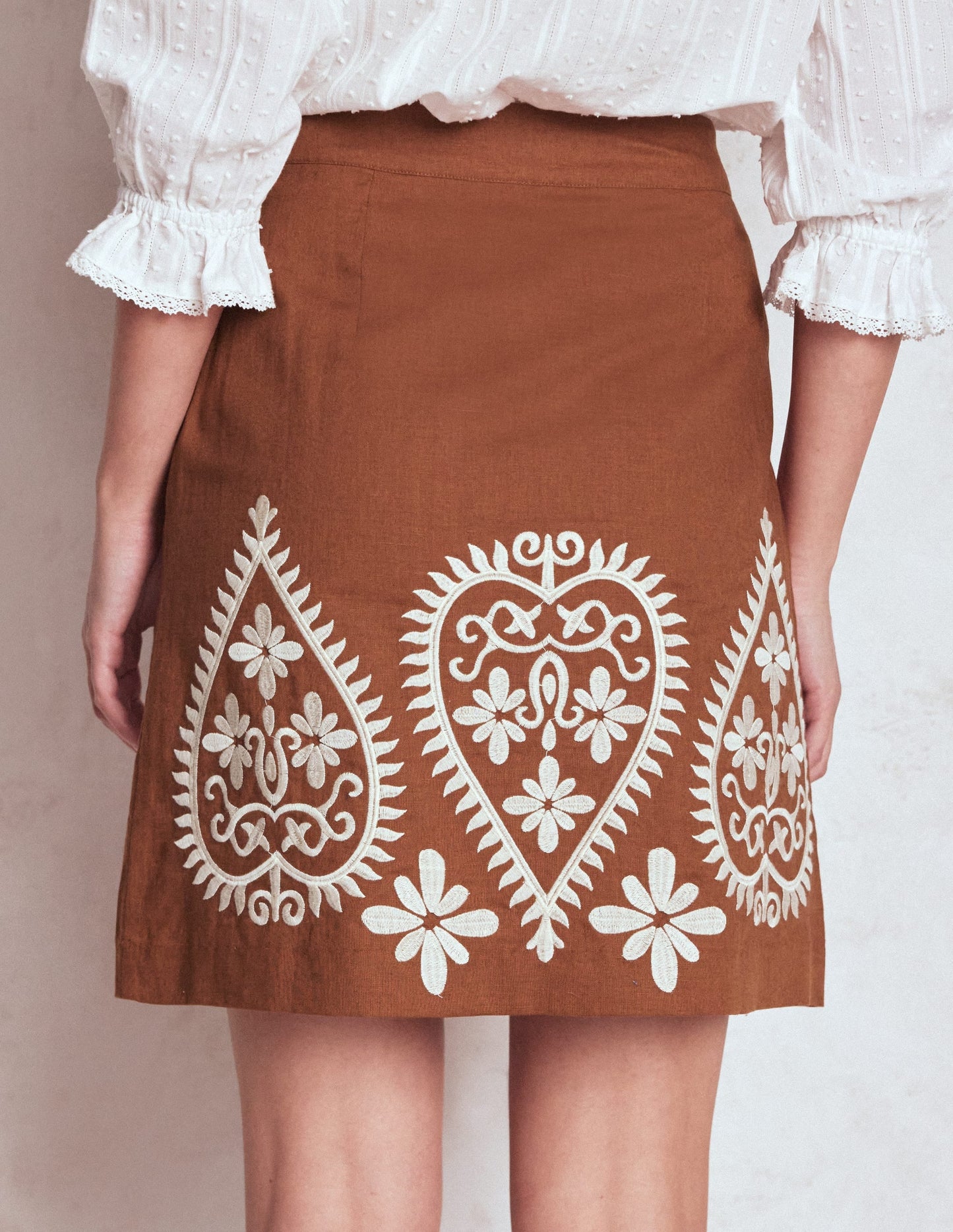 Embroidered Linen Skirt-Russet