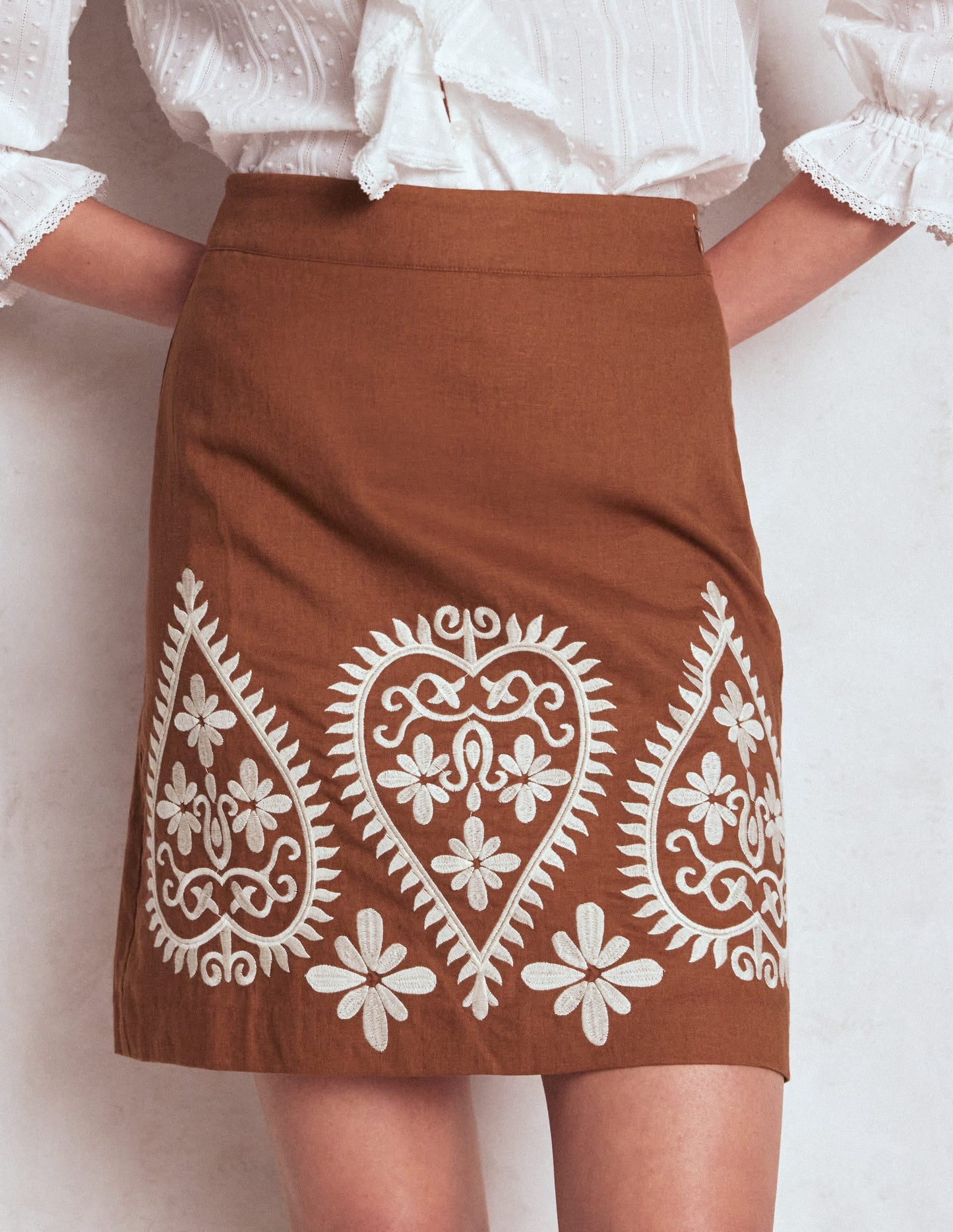 Embroidered Linen Skirt-Russet