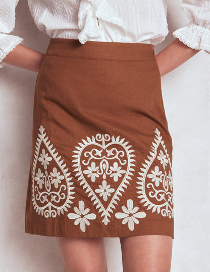 Embroidered Linen Skirt-Russet