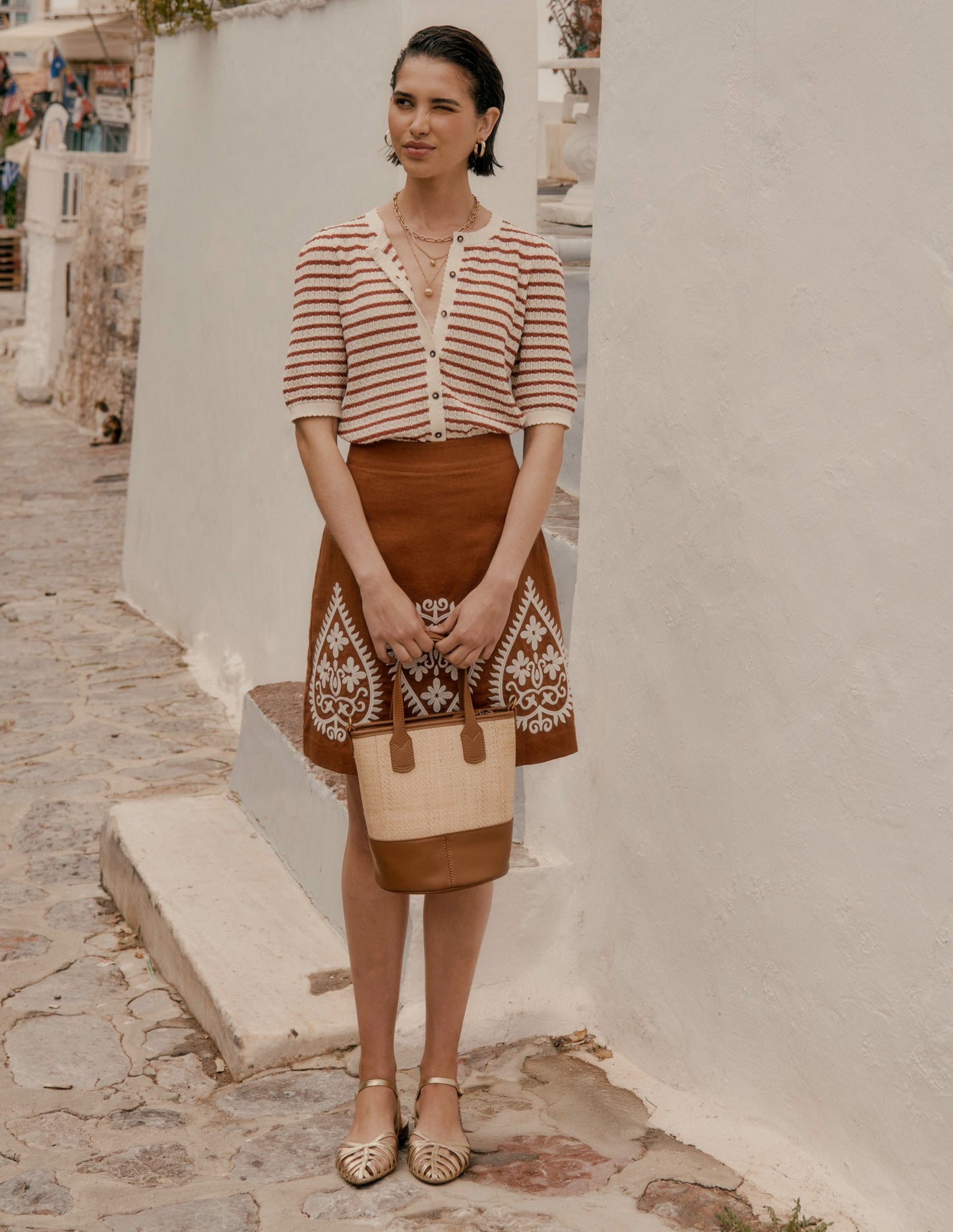 Embroidered Linen Skirt-Russet