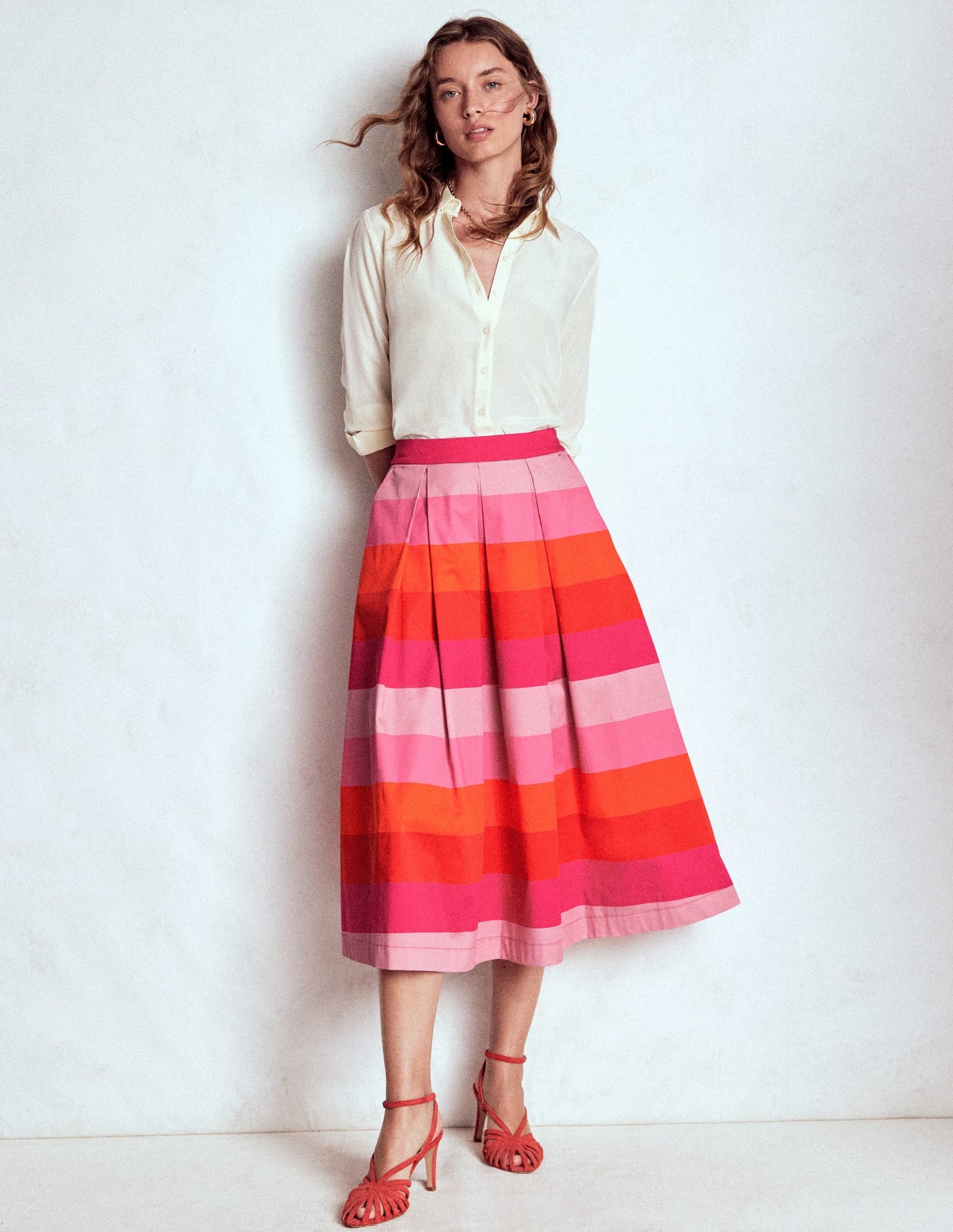Verity  cotton Sateen Skirt-Pink Tonal Multistripe