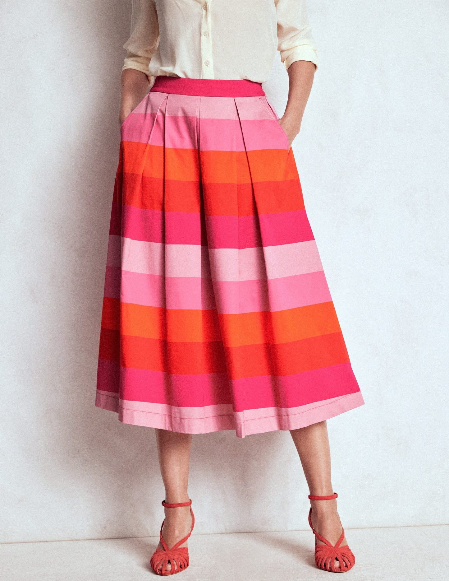 Verity  cotton Sateen Skirt-Pink Tonal Multistripe