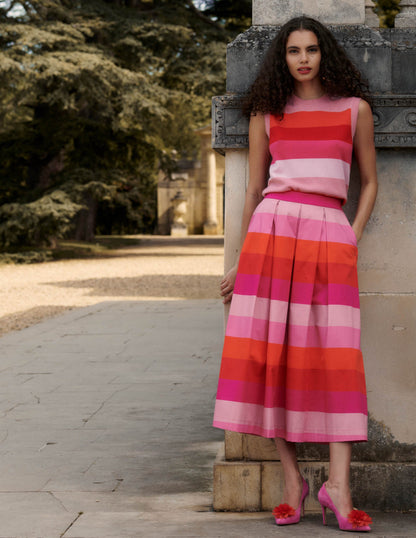 Verity  cotton Sateen Skirt-Pink Tonal Multistripe