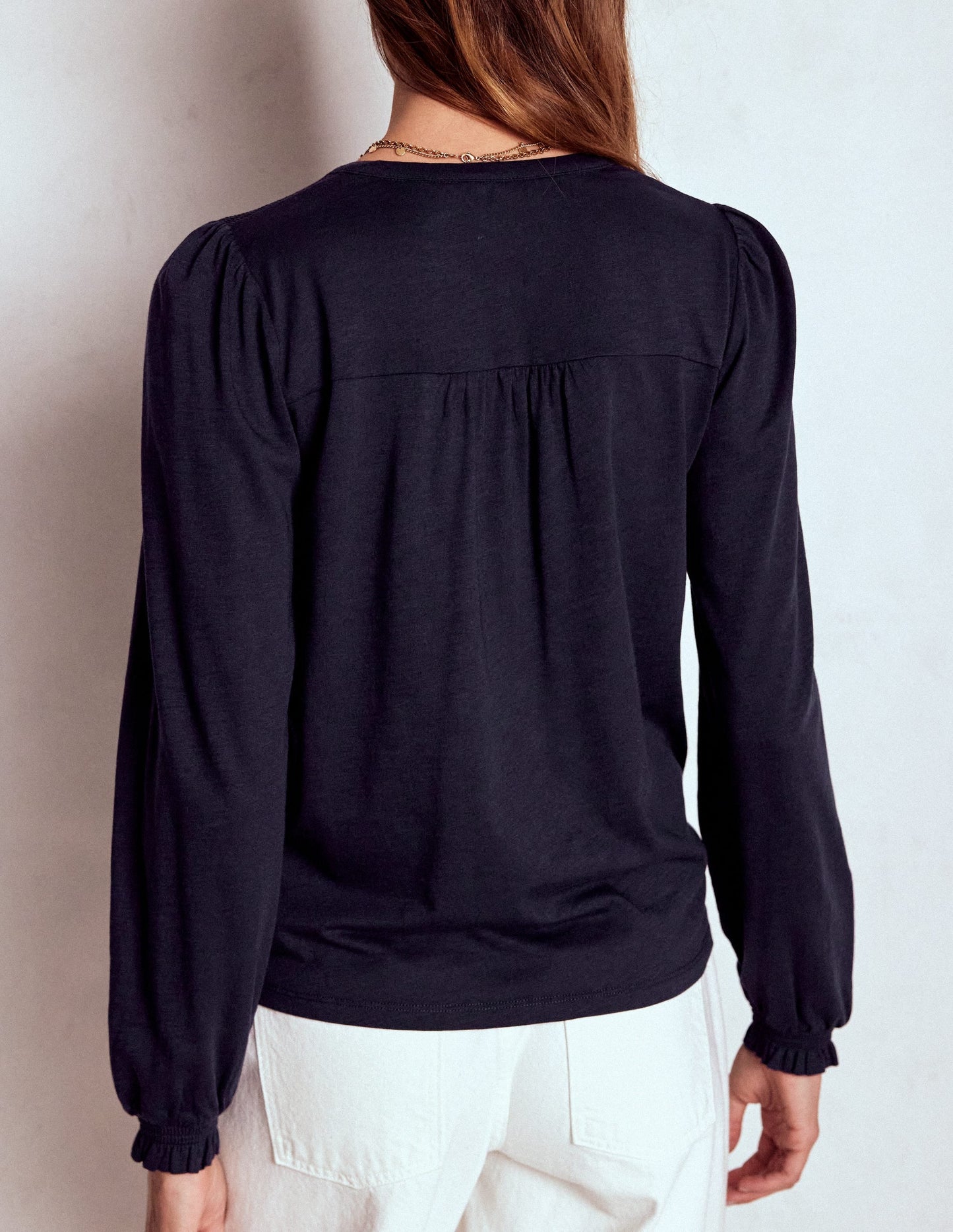 Elsa Smocked Yoke Jersey Shirt-Navy