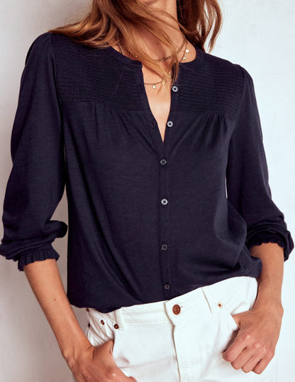 Elsa Smocked Yoke Jersey Shirt-Navy