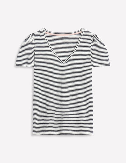Sophie V-neck Slub T-shirt-Ivory, Navy Stripe