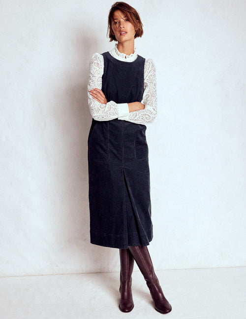 Ula Box Pleat Cord Midi Dress-Midnight Blue