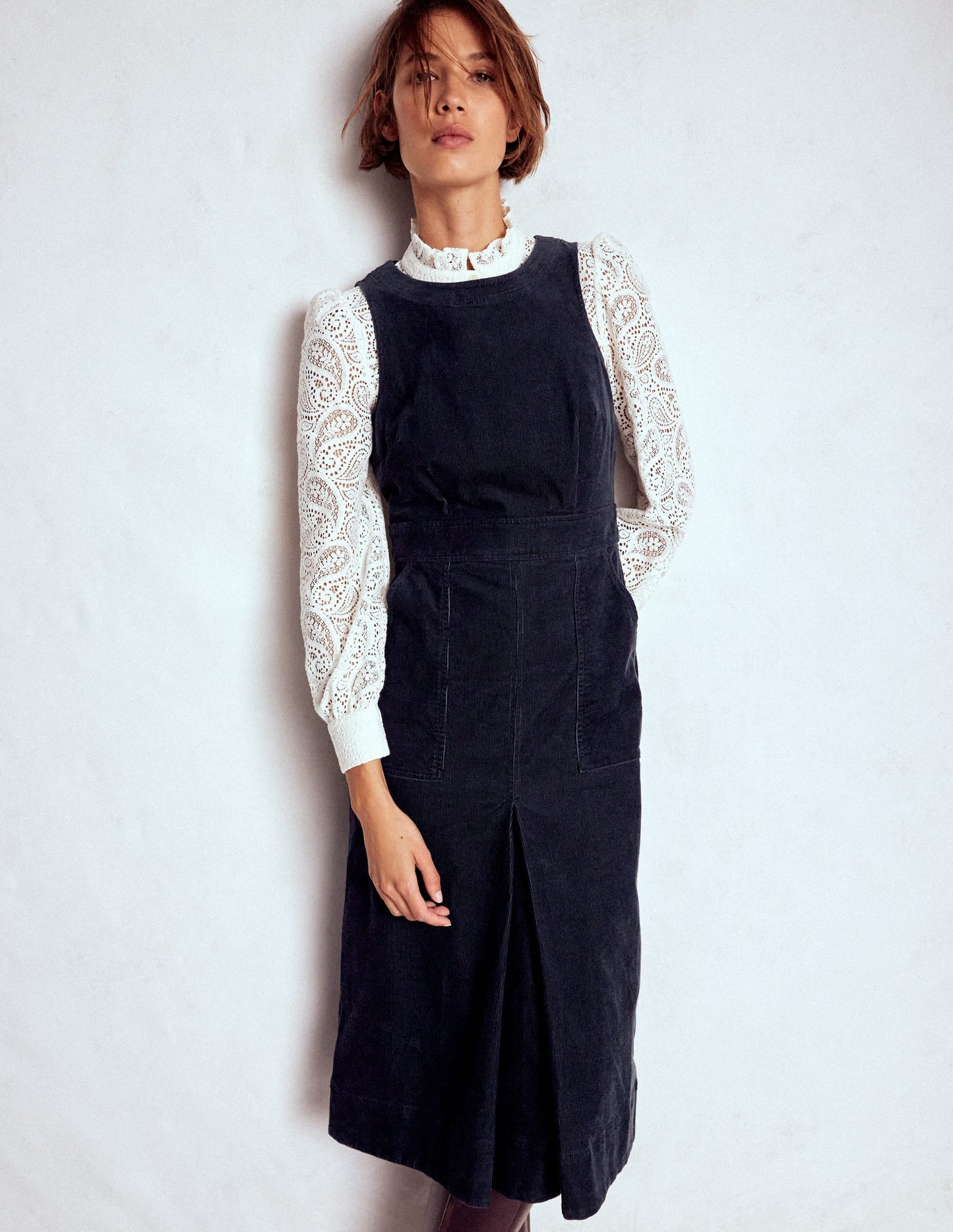 Ula Box Pleat Cord Midi Dress-Midnight Blue