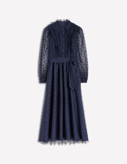 Tulle Ruffle Maxi Dress-Navy
