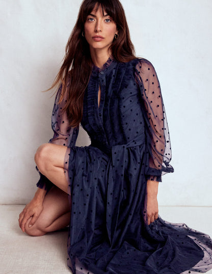Tulle Ruffle Maxi Dress-Navy