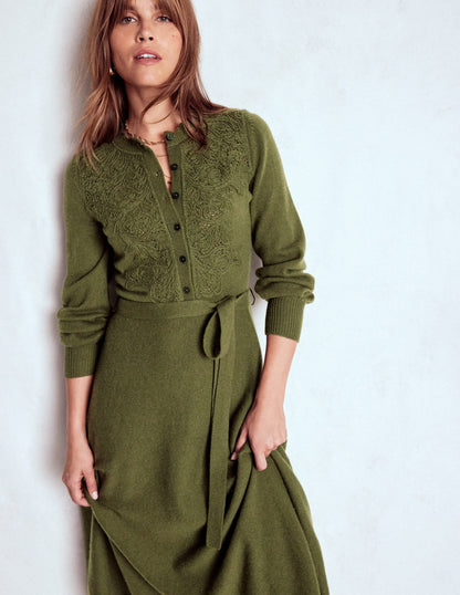 Lace Insert Knitted Midi Dress-Forest Glade