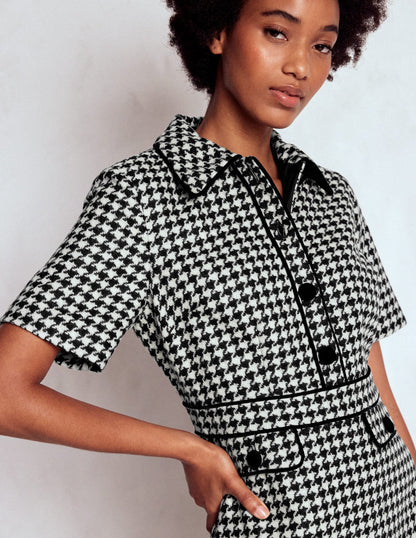 Eda Wool Shift Dress-Black Dogstooth