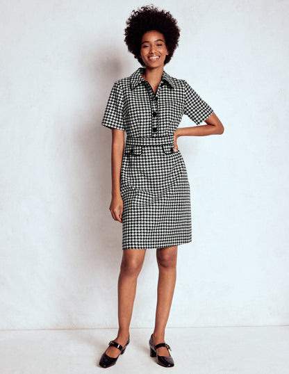 Eda Wool Shift Dress-Black Dogstooth
