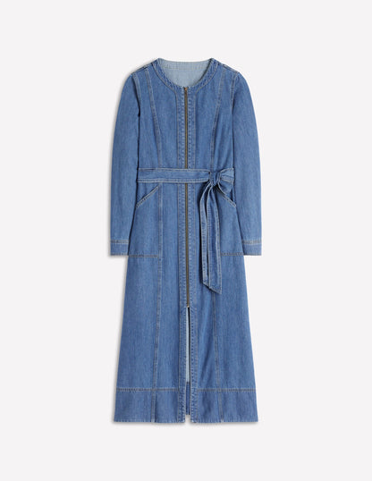 Zip Denim Straight Dress-Mid Vintage Denim