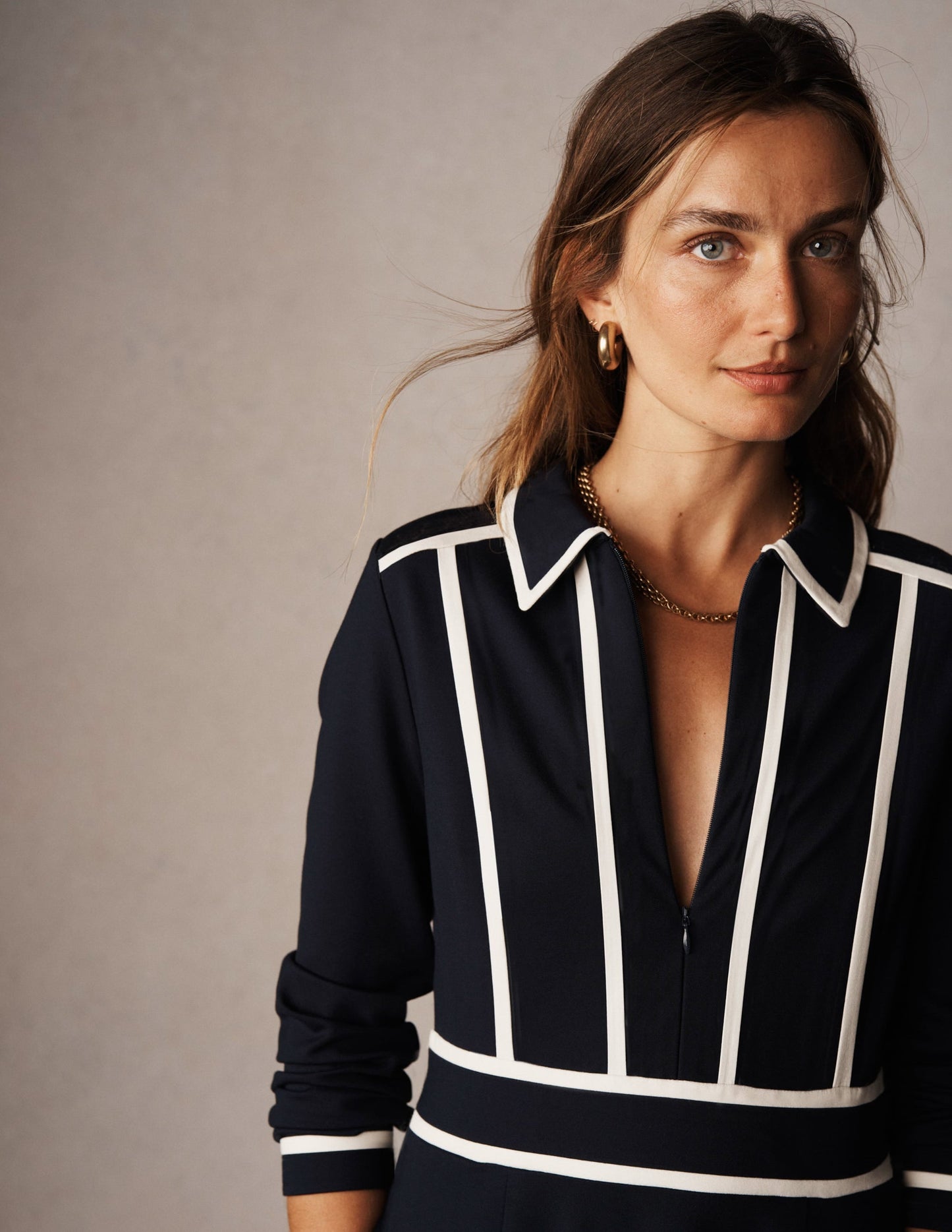 Contrast Ponte Midi Dress-Navy