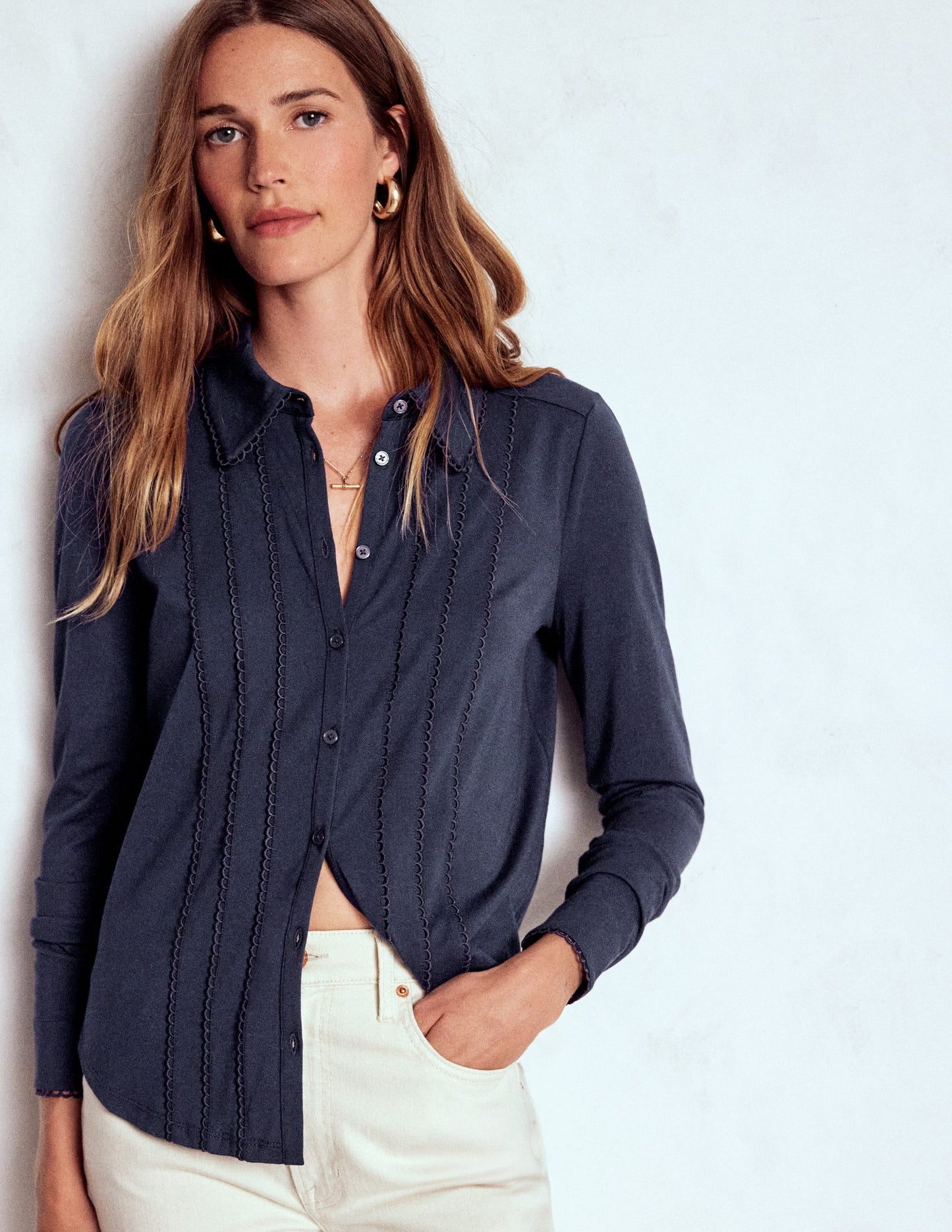Picot Trim Jersey Shirt-Navy