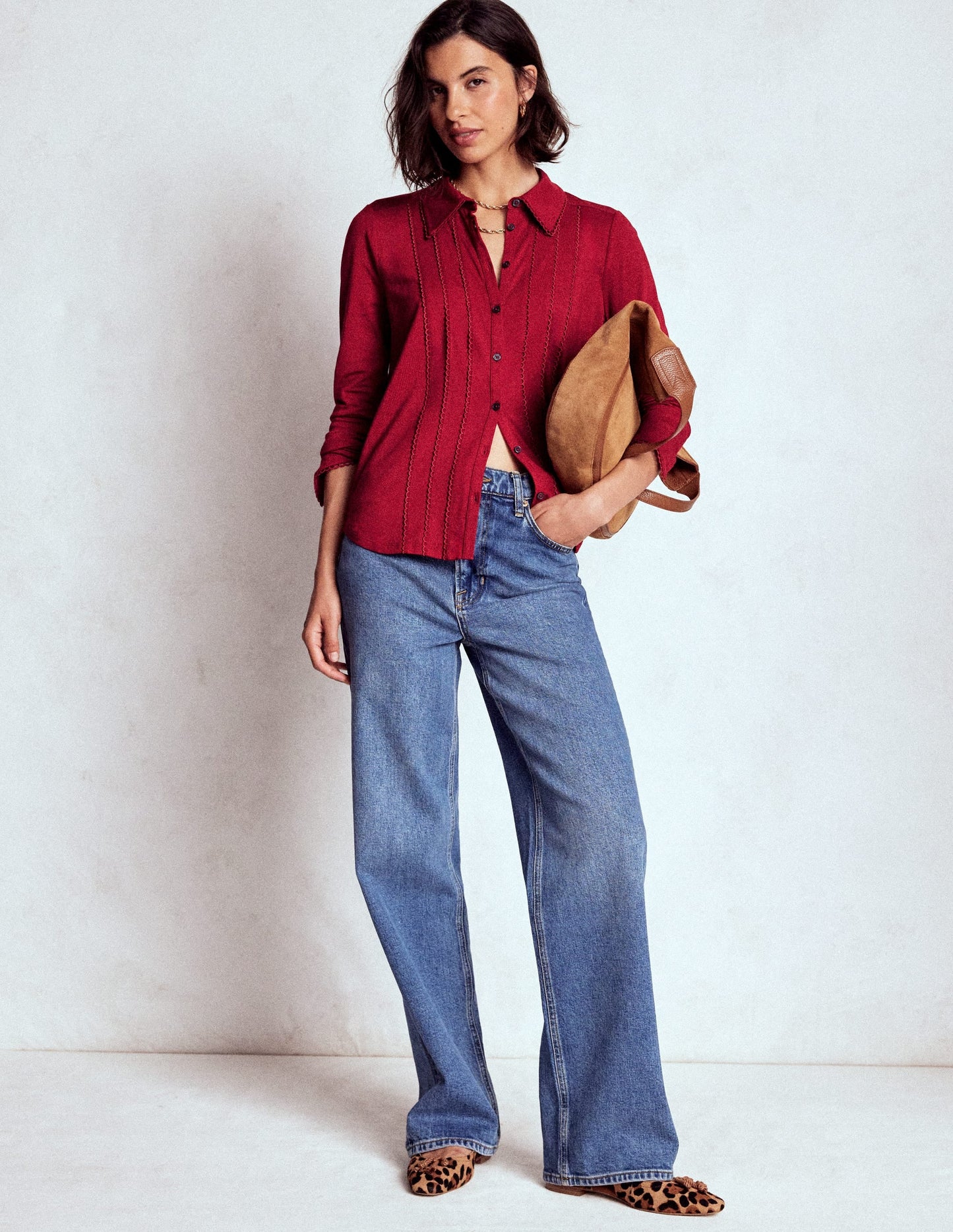Picot Trim Jersey Shirt-Crimson Red