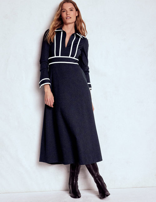 Contrast Ponte Midi Dress-Navy